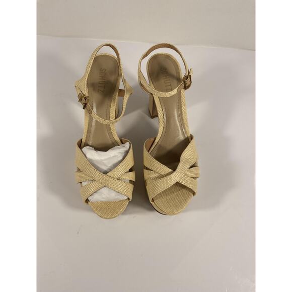 Schutz Keefa Shoes Women's Size 9.5 Natural Raffia Platform Block Heel Sandals - Picture 2 of 11